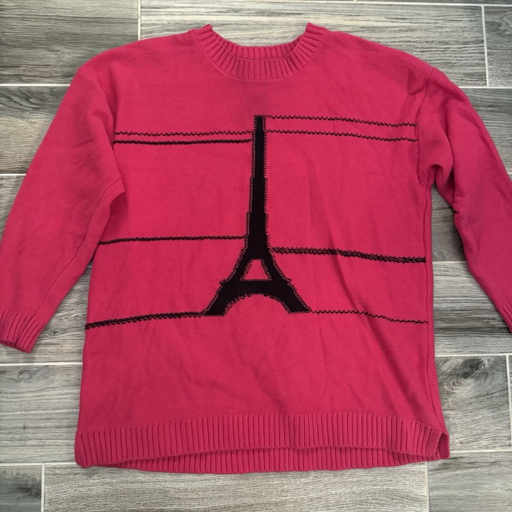 Karl Lagerfeld Pink Paris Sweater Sz L Vibrant Cotton Blend Eiffel Tower Preppy